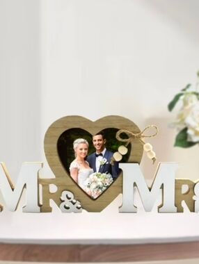 Mr & Mrs Wooden Heart Photo Frame - White and Natural Wood